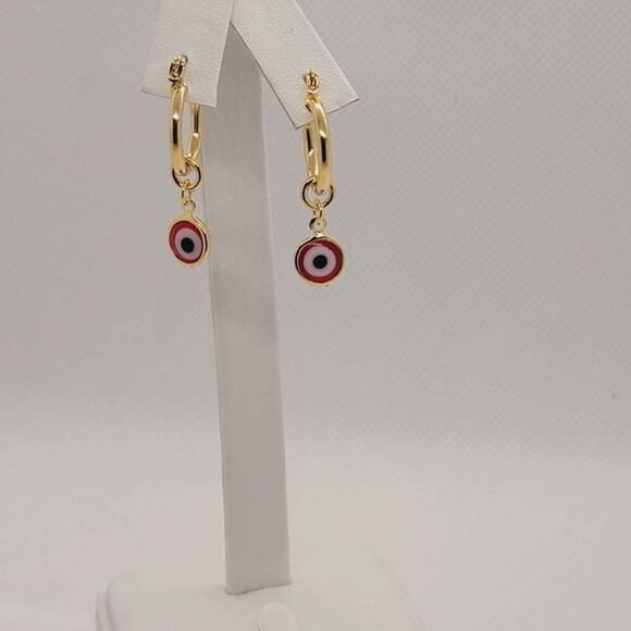 Brand New Brazilian 18k Gold Filled Red Evil Eye Earrings - Picture 2 of 4
